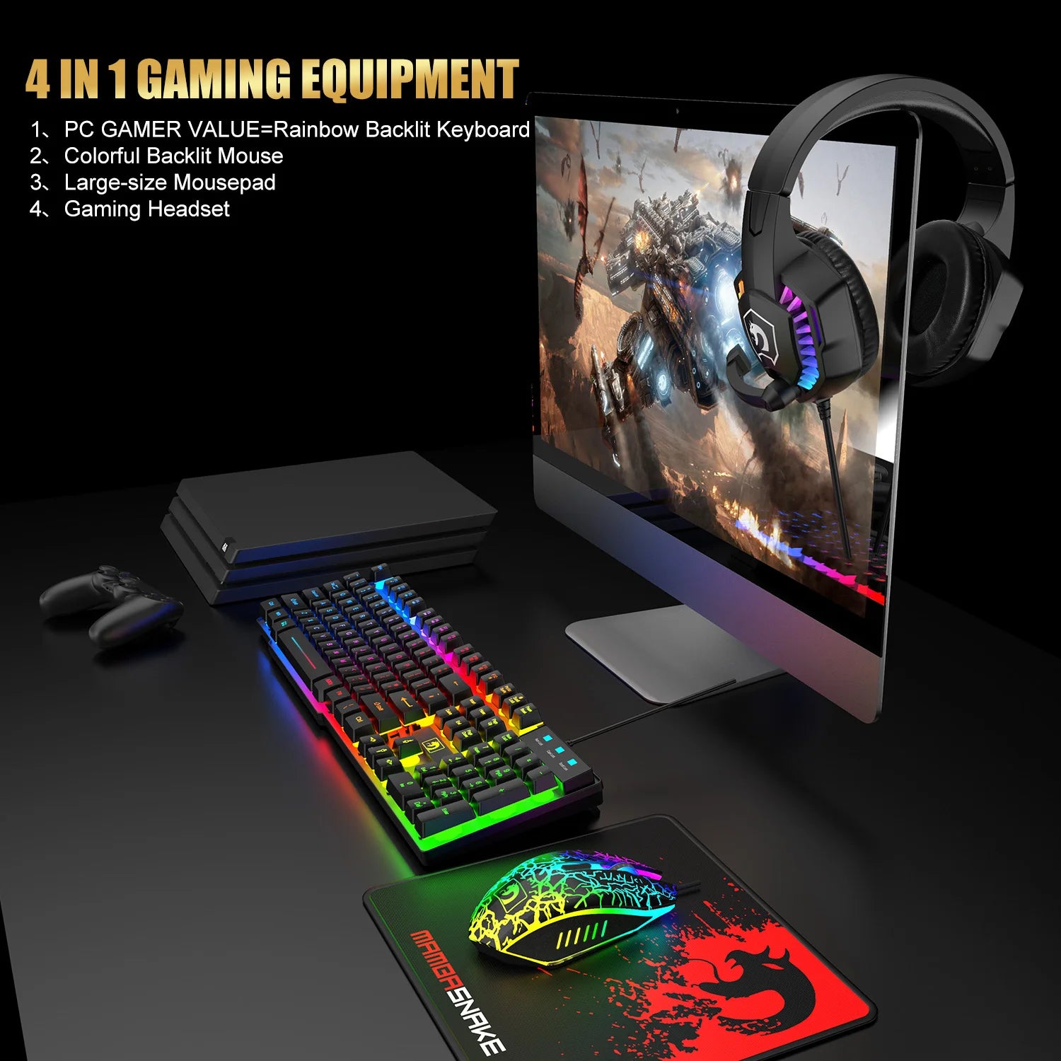 MANBASNAKE T11 Kabelgebundene Gaming-Tastatur und Maus-Headset-Kombination, Kabelgebundene Tastatur mit Regenbogen-LED-Hintergrundbeleuchtung