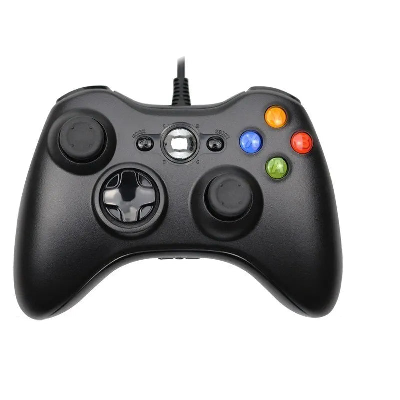 Black game controller with colored buttons and measurements on a white background