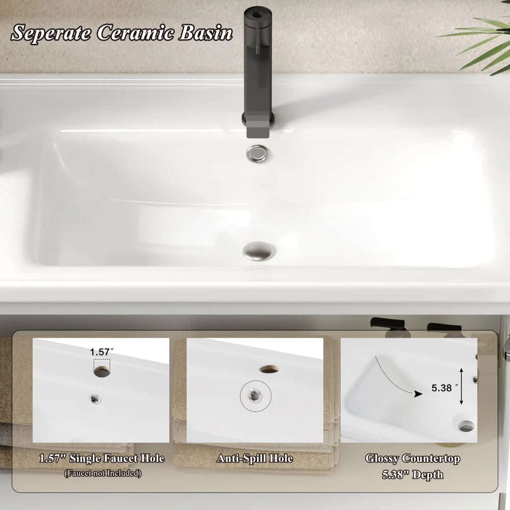 36" Modern Versatile Wall-Mounted Bathroom Vanity with Ceramic Sink, Floating Bathroom Vanity with 45 Degrees Free-Handle