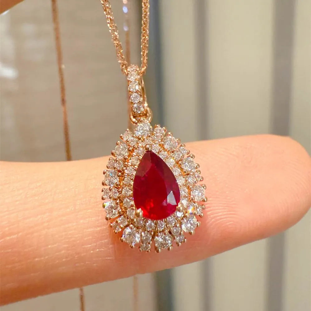 Shelly Echt 18 Karat Massivgold AU750 Schmuck Natürliche Diamanten Lebendiger roter Edelstein Rubin Wassertropfen Anhänger Halsketten für Frauen