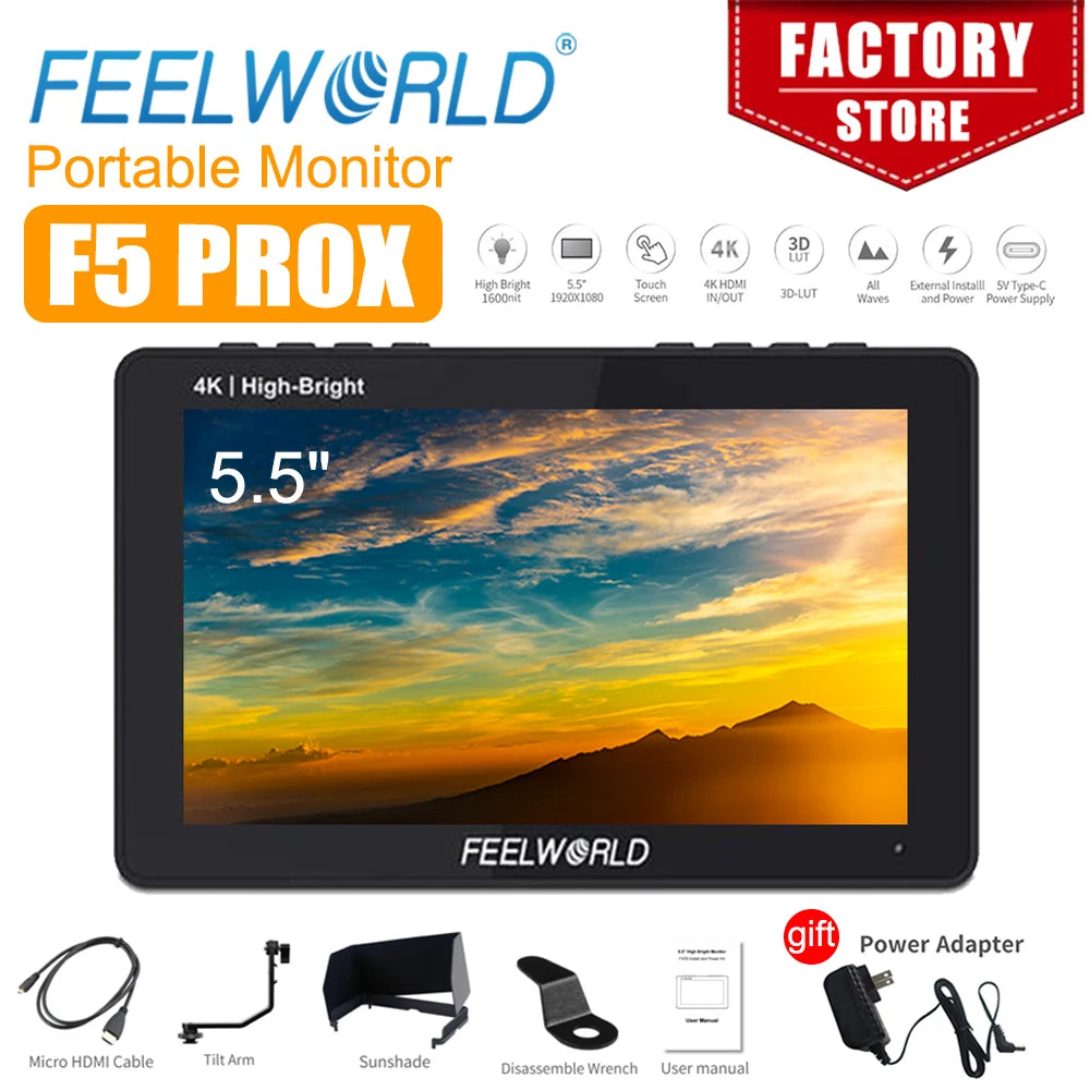 FEELWORLD F5 PROX 5,5 Zoll 1600nit High Bright Touchscreen DSLR-Kamera-Feldmonitor 4K HDMI F970 Installations- und Stromversorgungskit