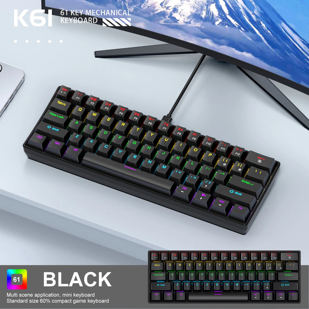 61 Tasten Mechanische Tastatur Kabelgebunden, APAYADO K61 RGB 60% Tragbare Mini-Tastatur Schwarz, Weiß, Rot/Blau Schalter für Gaming
