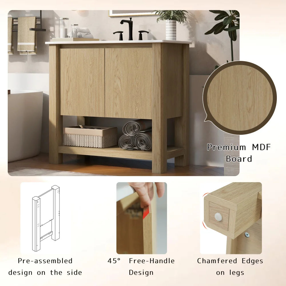 36" Modern Bathroom Vanity with Rectangle Ceramic Sink, Bathroom Cabinet with Large storage space and 45 Degrees Free-Handle