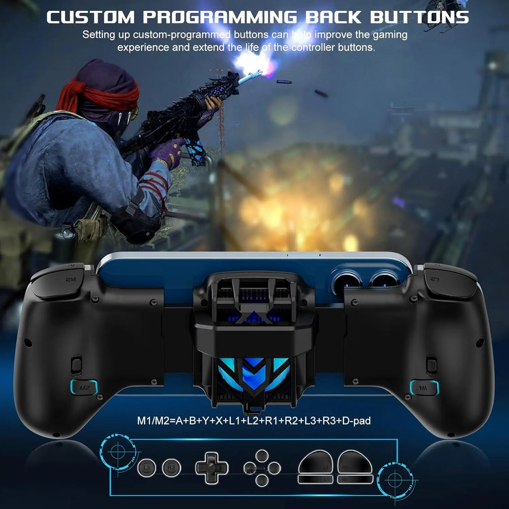 JK02 Mobile Gaming Controller with RGB Cooler for iPhone/Android/PC/Switch/Apple Arcade MFi Games with Customized Keys TURBO