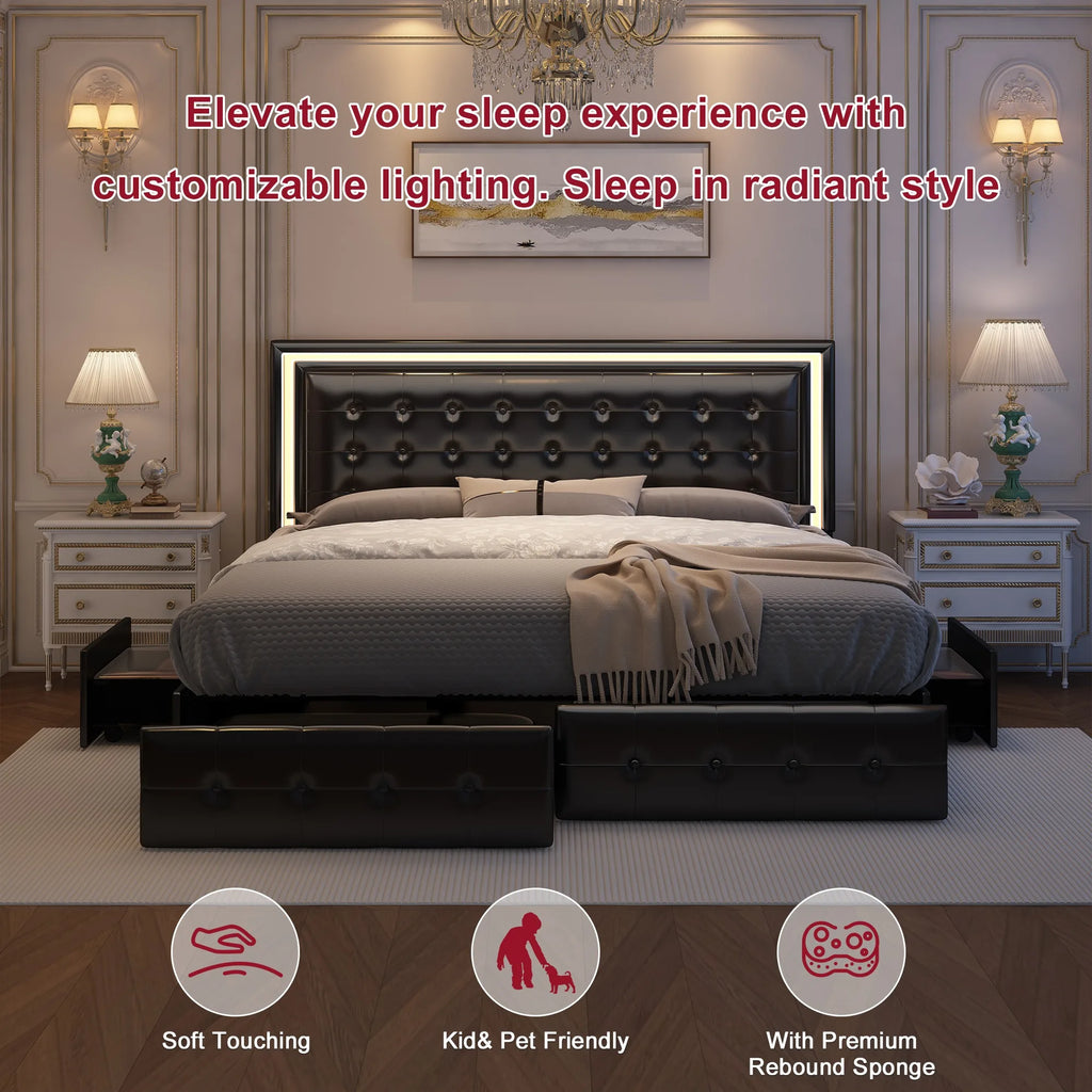 GEGOFORU Queen LED Bed Frame with 4 Storage Drawers, RGBW Headboard, PU Upholstered, No Box Spring Needed, 900 lbs Support