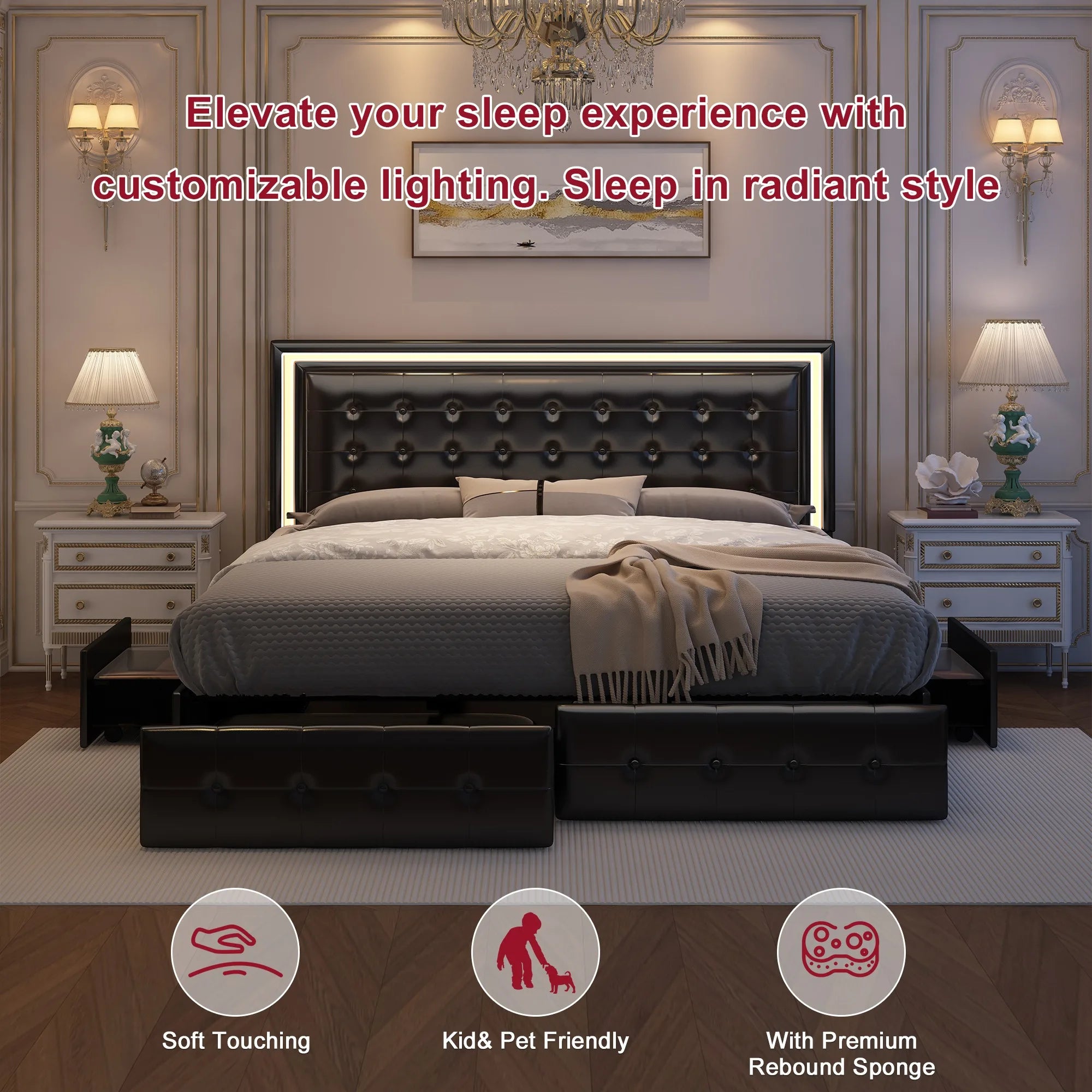 GEGOFORU Queen LED Bed Frame with 4 Storage Drawers, RGBW Headboard, PU Upholstered, No Box Spring Needed, 900 lbs Support