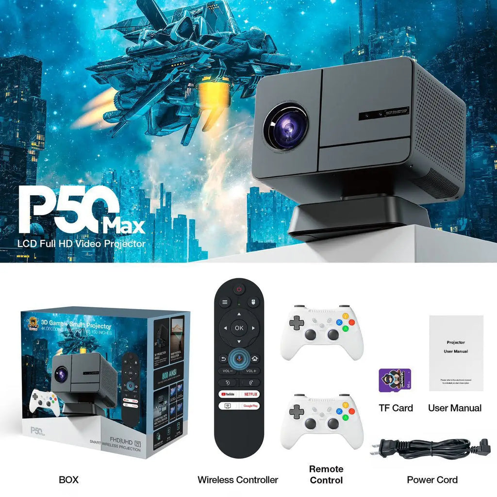 P50 MAX Home LED Gaming Projector HD Supports 4K Blu ray Full Auto Focus TV Video game controller H713 1080P 2+16GB 450 lumens