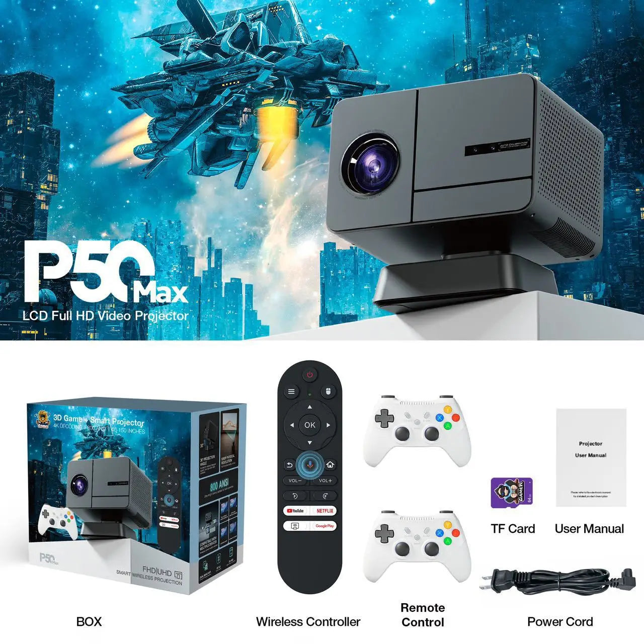 P50 MAX Home LED Gaming Projector HD Supports 4K Blu ray Full Auto Focus TV Video game controller H713 1080P 2+16GB 450 lumens