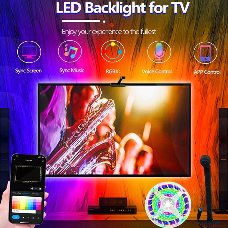 LED подсветка за компютър/телевизор RGBIC LED лента със сензор за избор на цвят, управление чрез приложение, синхронизиране на музика, интелигентна лампа за гейминг атмосфера.