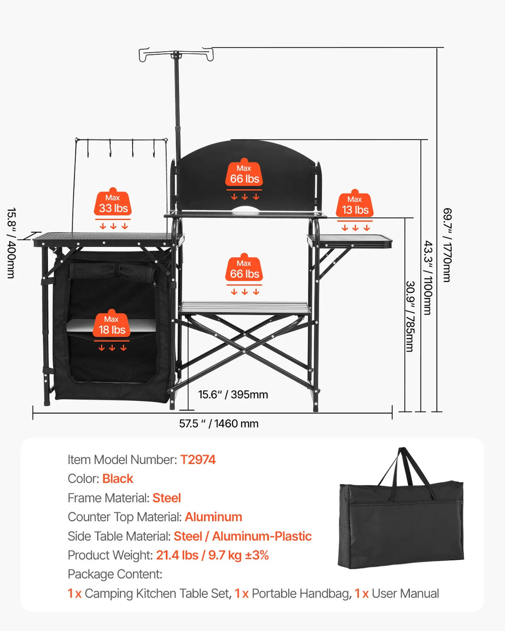 VEVOR Outdoor-Camping-Kochtisch, tragbare Kochstation aus Aluminium mit Aufbewahrungsschrank, Tragetasche, abnehmbarer Windschutzscheibe