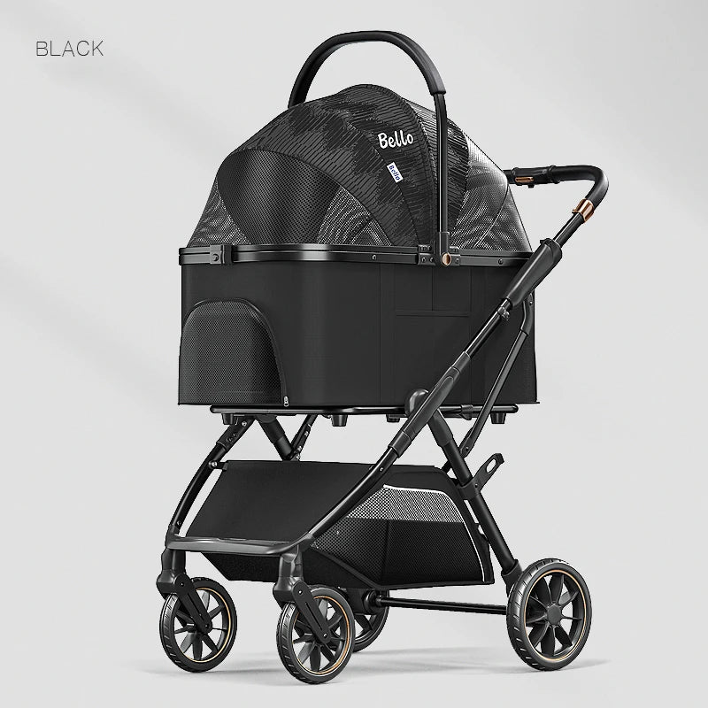 Bello Haustier-Kinderwagen, hohe Sicht, modern, abnehmbar, mittlerer und großer Wagen, Aluminiumlegierung, Katze/Hund, Handschieben, PU-Räder, abnehmbar