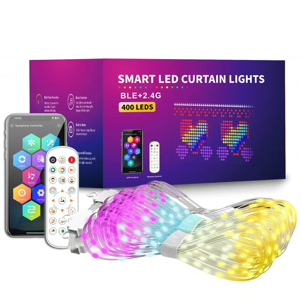 Smart Curtain Lights Bluetooth App Control RGB LED String Waterproof Fairy Light USB DIY Text Pattern Display Party Room Decor