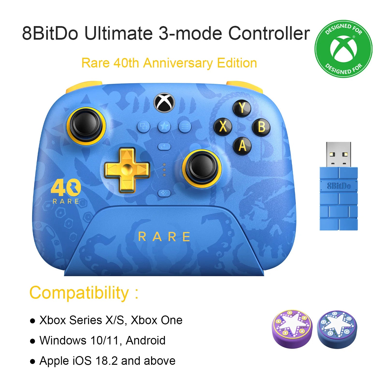 8BitDo Ultimate 3-mode Wireless Controller for Xbox, Rare 40th Anniversary Edition Gamepad for Xbox One, Apple, PC & Android