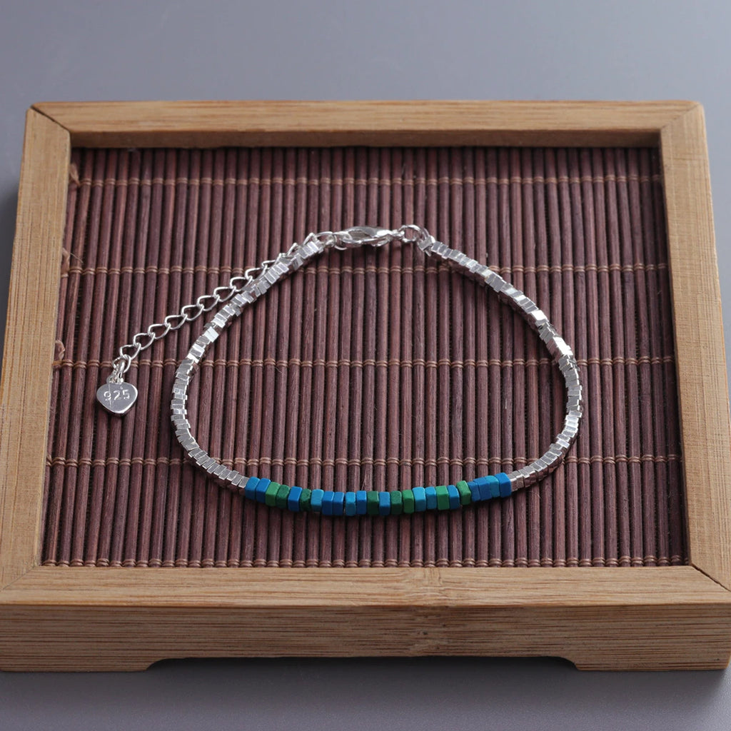 VENTFILLE 925 Sterling Silver Natural Turquoise Square Bead Bracelet For Women Gift Crushed Silver Jewelry Dropshipping
