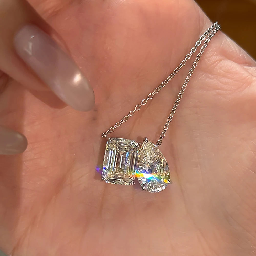 5 Karat Radiant/Smaragd-Moissanit-Diamant-Anhänger-Halskette für Damen, zertifiziertes 925er Silber, 2-Stein-Schlüsselbein-Halskette