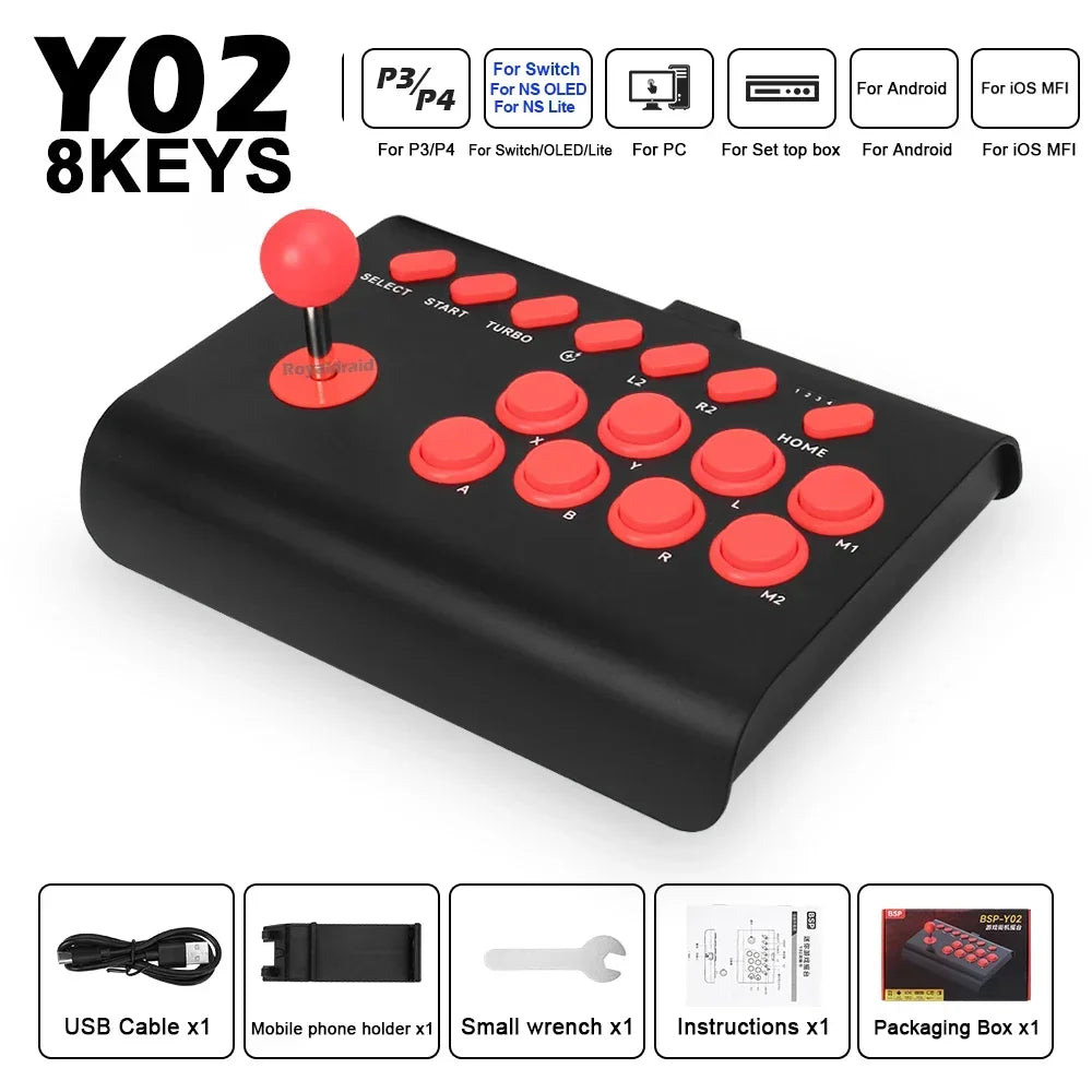 Y02 Arcade-Joystick für PS4/PS3/Xbox One/Switch OLED/Android/iOS, kabelgebundener und kabelloser Street Fighter-Controller mit Makro-/Turbo-Funktion