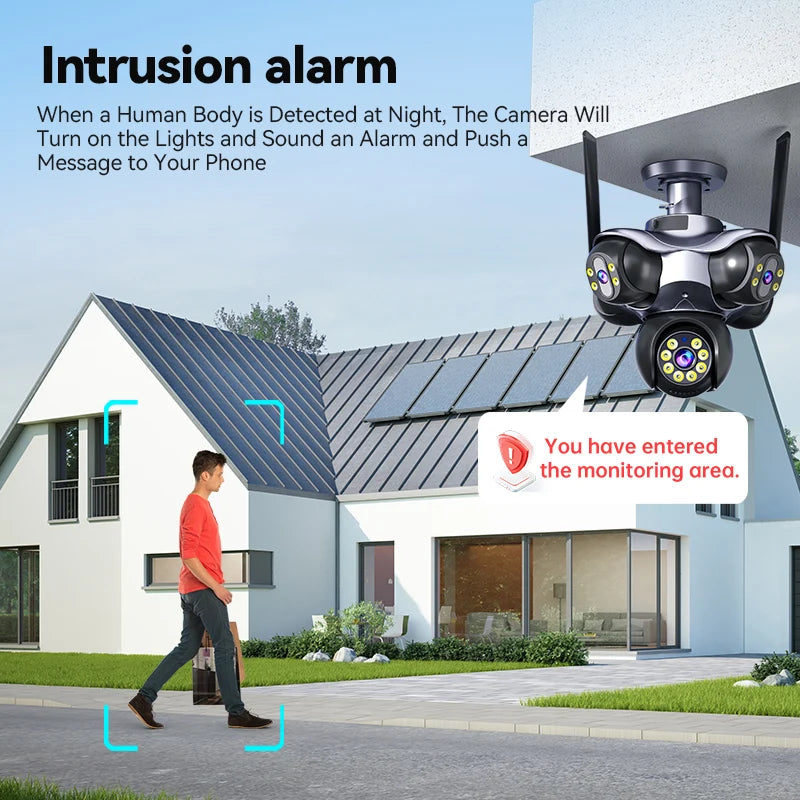 AIOOK Outdoor Security Camera HD 25MP WIFI IP Camera 5 Lens 5 Screen 5 PTZ Motion Tracking 2 Way Intercom Color Night Vision