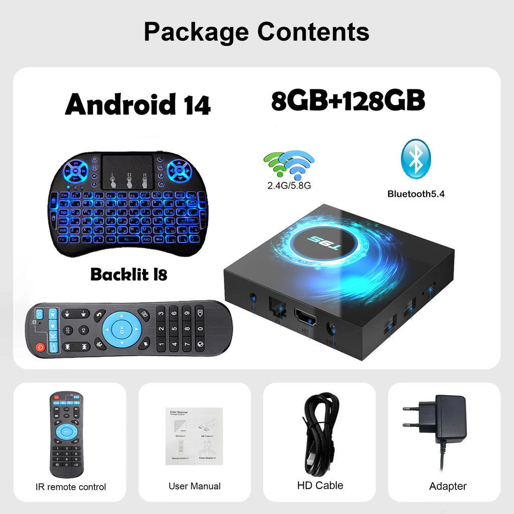 Smart TV Box Android 14 T95 6K Allwinnerh616 Media Player Dual WiFi Bluetooth 5.4 with Remote Support Google Voice Set Top Box