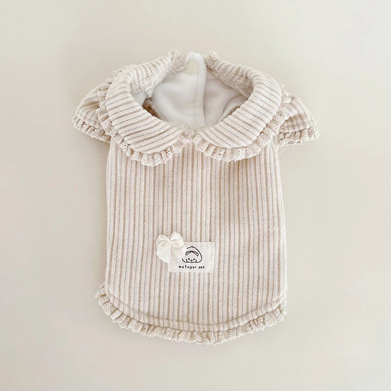 Autumn Winter Striped Lace Doll Collar Base Shirt Cute Corduroy Drawstring Vest Plush Bubble Sleeves Shoulder Strap Skirt Set