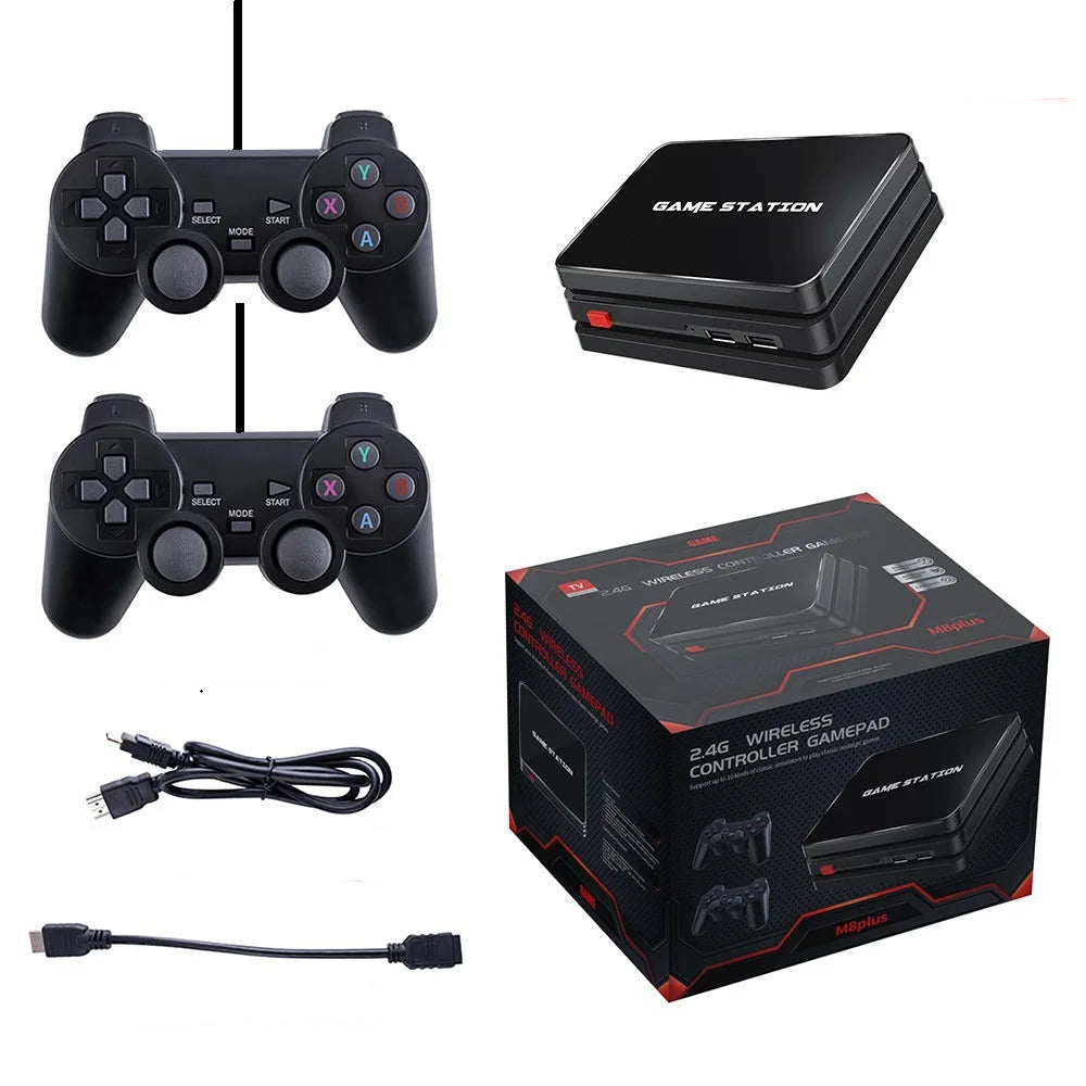 Game station with controllers, power cable, and extension cable on a white background