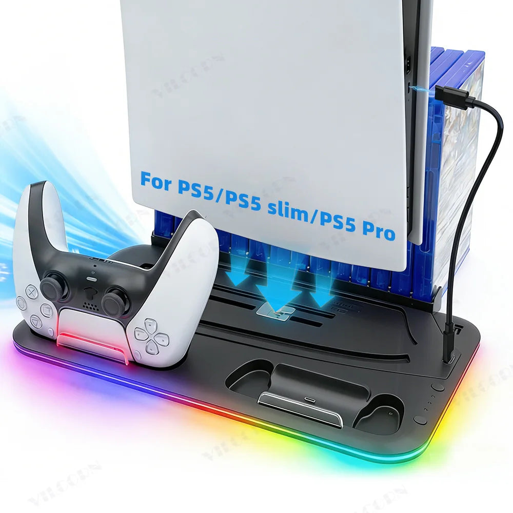 Cooling Stand For PS5/PS5 Slim/Pro Stand with Headphone Hook & Controller Charging Station for PlayStation 5 Console Accessories