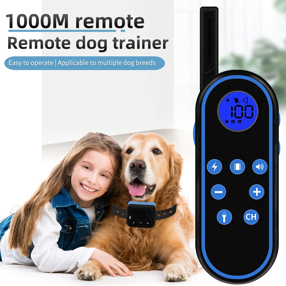 1000 m elektrisches Hundetrainingshalsband, wasserdicht, Antibellhalsband, wiederaufladbar, mit Schock-Vibrationston