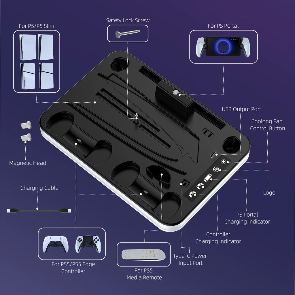 Cooling Stand and Charging Station for PS5/PS5 Slim Console, Charger Dock for PS5 Controller/Edge Controller/PS Portal, Storage