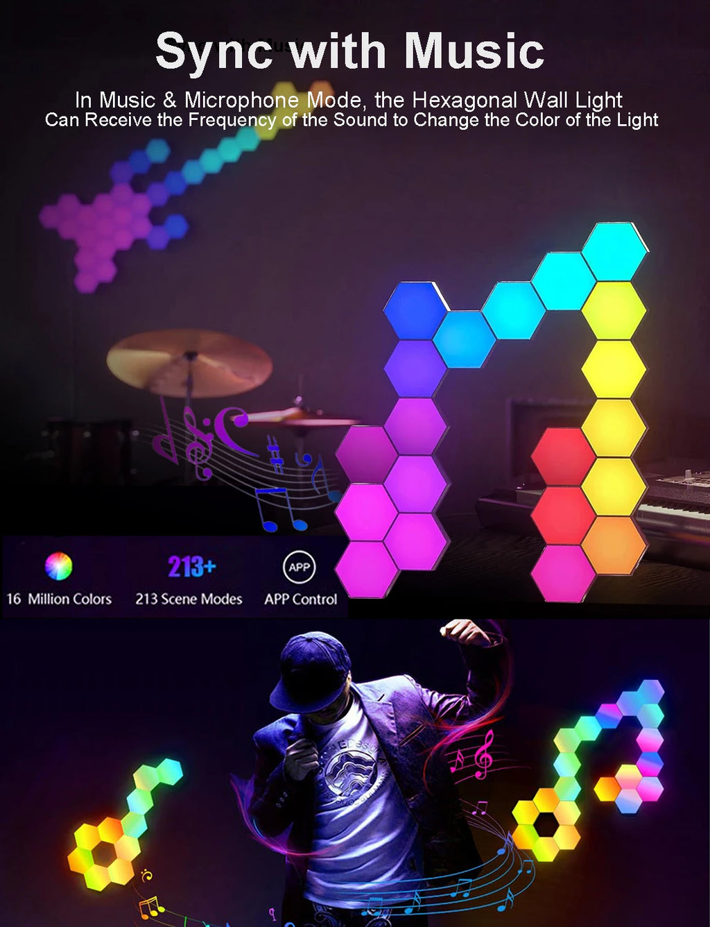 Fivemi RGB Smart Hexagonal Wall Lamp Color Changing Ambient Night Light Hexagonal DYI Music Rhythm APP Control Game Room Bedroom