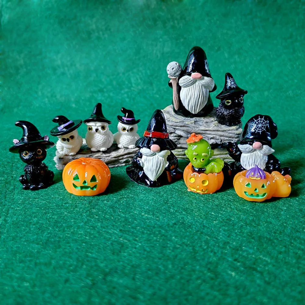 10 Stück Mini-Geist-Teufel-Zauberer, Festi-Kürbis-Schädel, Halloween-Dekoration, Kunstharz, Basteln, Miniaturfigur, winzig, für Feengarten-Dekor