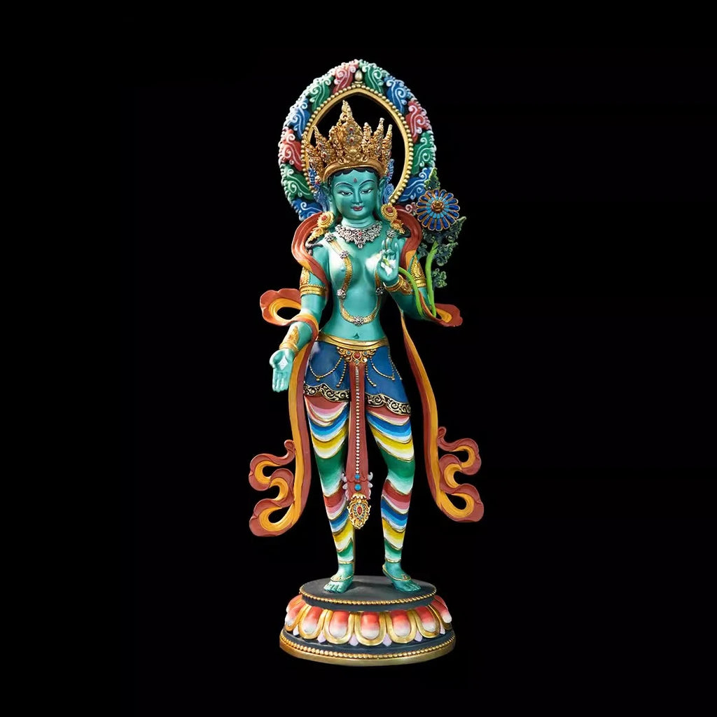 Nepal Tibet Craft Handmade Pure Copper Green Tara Statue Tibetan Buddhist Tantric Painted Standing Figure