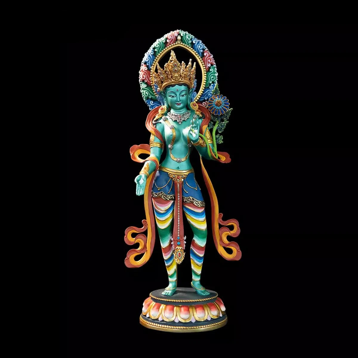Nepal Tibet Craft Handmade Pure Copper Green Tara Statue Tibetan Buddhist Tantric Painted Standing Figure