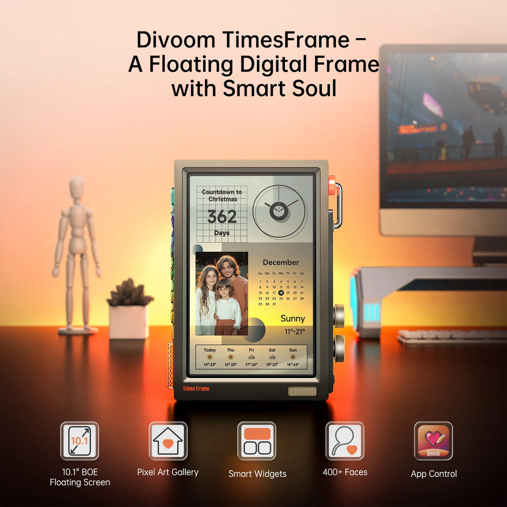 Divoom Times Frame Smart HD-Bildschirm | 10,1 Zoll DIY-Digitaluhr | Krypto-Aktien-Wetterkalender | Tech-Geschenk-Schreibtisch-Setup