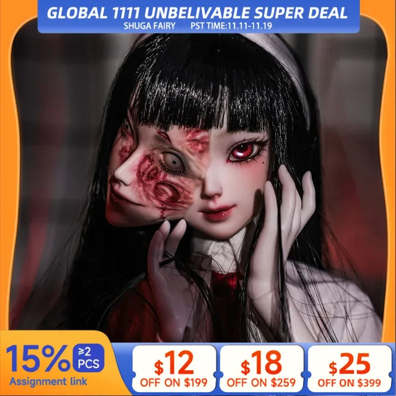 New Second Design BJD Two Face 1/4 Mio Full Set Magnet Tomie Ghost Face Removable New Rebuild Slimmer Waist Body BJD Dolls