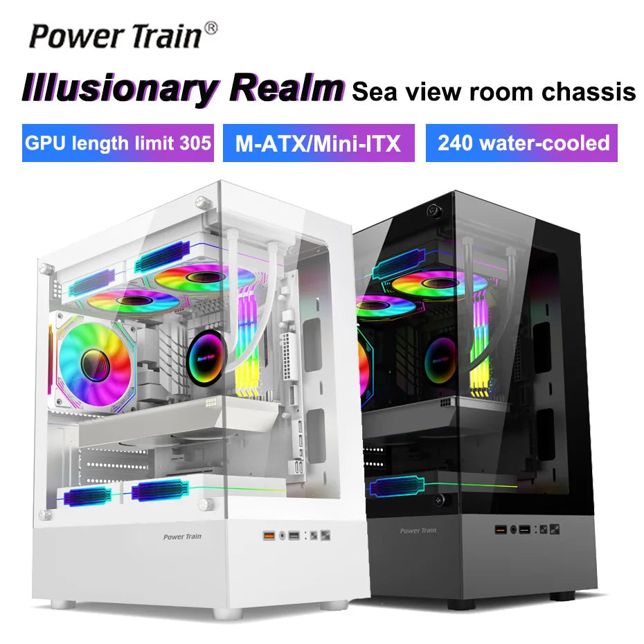 Power Train Illusionary Realm Computer Case M-ATX/ITX Seaview Room Side Transparent Desktop Chassis Support 240 Water Cooler