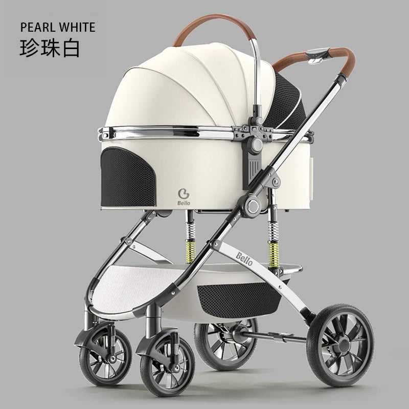 Bello Luxus-Haustier-Kinderwagen, moderner, abnehmbarer mittlerer und großer Wagen, Aluminiumlegierung, Katzen-/Hunde-Parm-PU-Räder