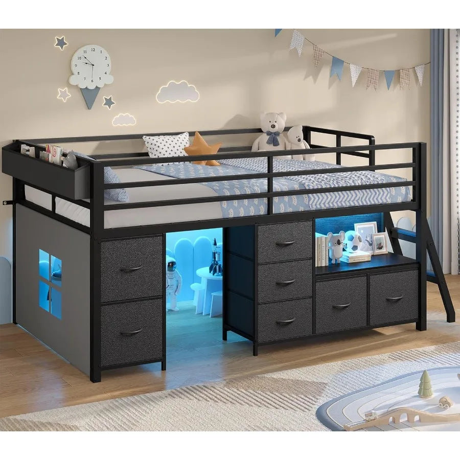 Low Loft Bed Twin Size with 7 Storage Drawers Bookcase and LED Lights Metal Loft Bed with 14 H Safety Guardrail Inclined Ladder