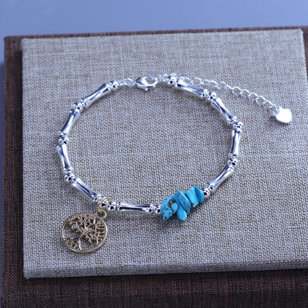 VENTFILLE 925 Sterling Silver Natural Turquoise Square Bead Bracelet For Women Gift Crushed Silver Jewelry Dropshipping