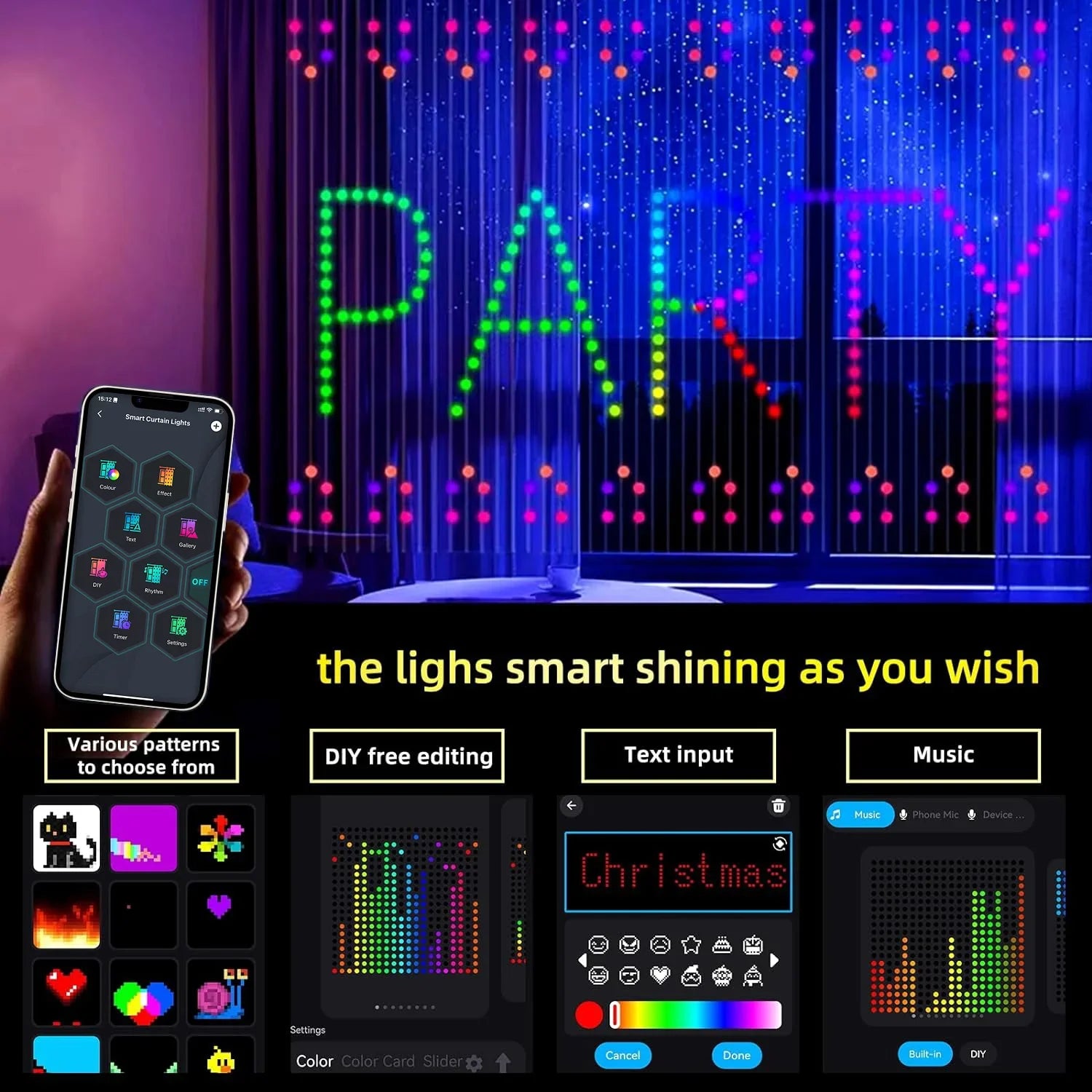 Smart LED Curtain Light APP Control RGB Dimmable DIY Pattern Music Ambient Lighting For Home Holiday Party Christmas Decoration