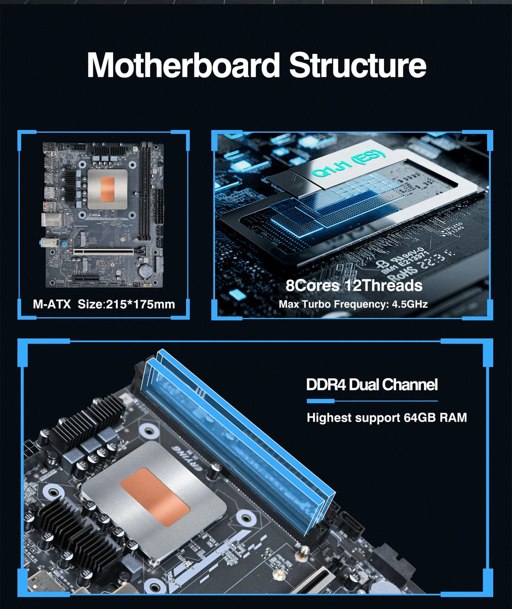 DIY-Gaming-Computer-Motherboard mit Onboard-CPU 13. Core Interpose Kit Q1J1 ES 0000 8C12T DDR4 RAM LGA115X Desktop-PC