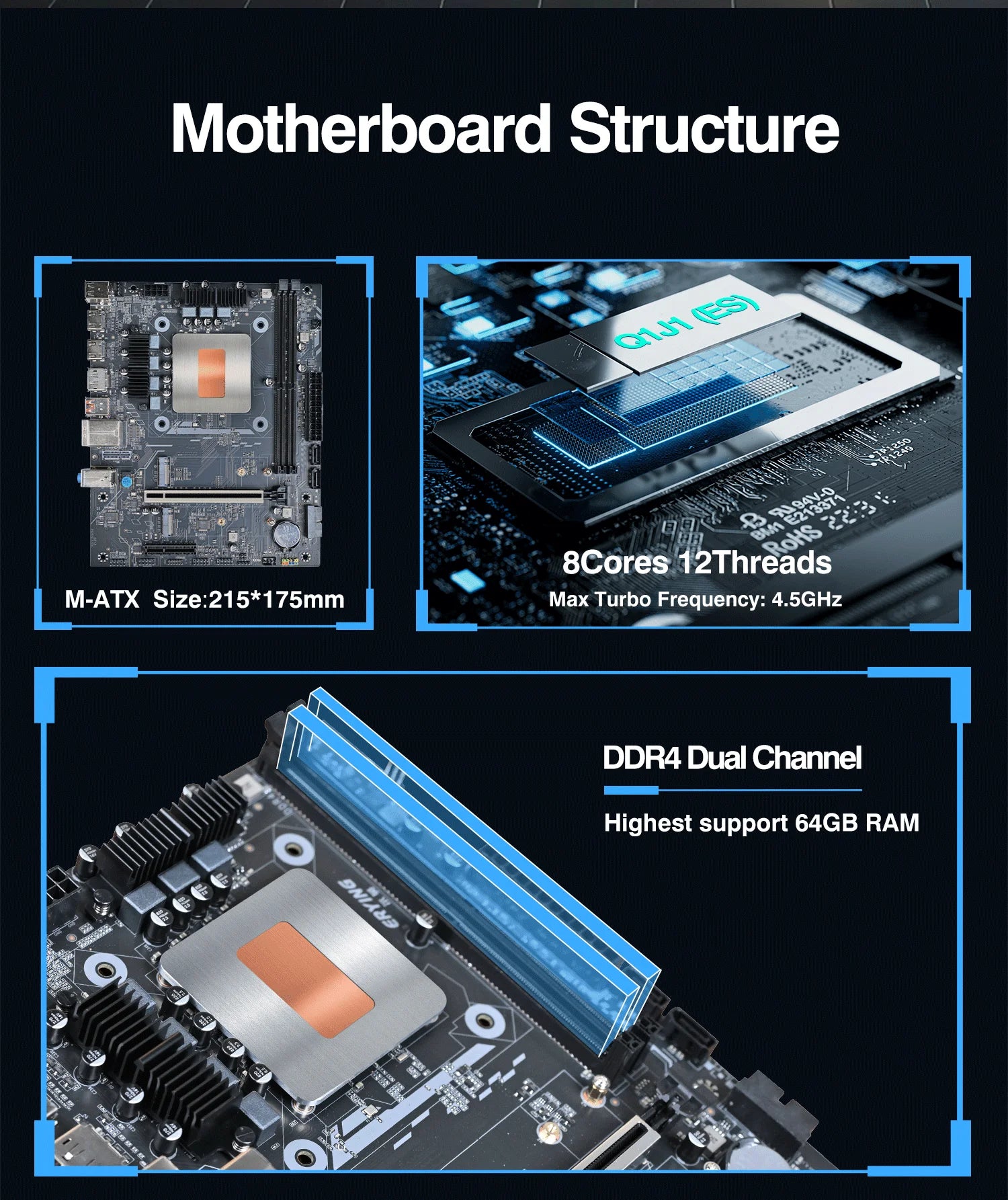 DIY-Gaming-Computer-Motherboard mit Onboard-CPU 13. Core Interpose Kit Q1J1 ES 0000 8C12T DDR4 RAM LGA115X Desktop-PC