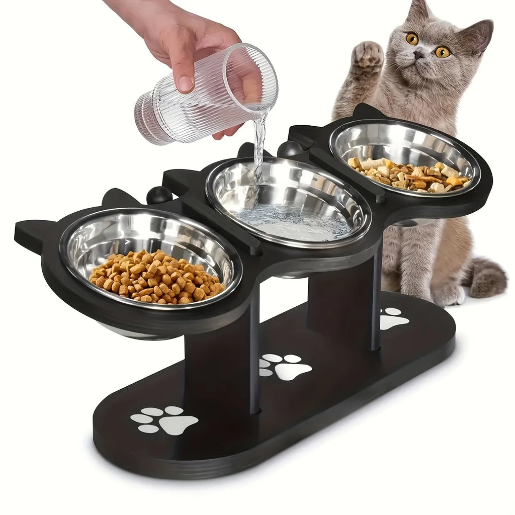 3 Bowls Wooden Elevated Cat Feeder Stand with 15 Angle Adjustable Stainless Steel Food & Water Bowls Pet Feeding