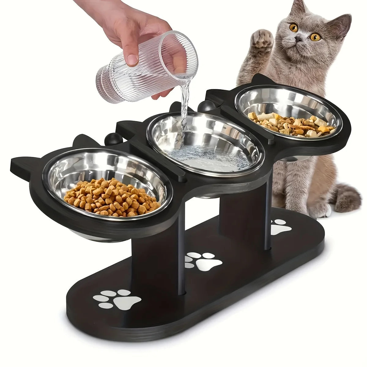 3 Bowls Wooden Elevated Cat Feeder Stand with 15 Angle Adjustable Stainless Steel Food & Water Bowls Pet Feeding