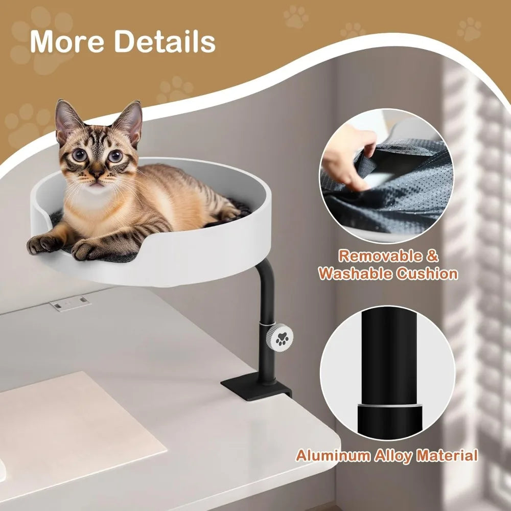 Cat Desk Bed Large Perch Nest with Teaser Easy Install,Space Saving Mount Design,Sturdy Frame,Removable Cushion,Clamp Desktop At