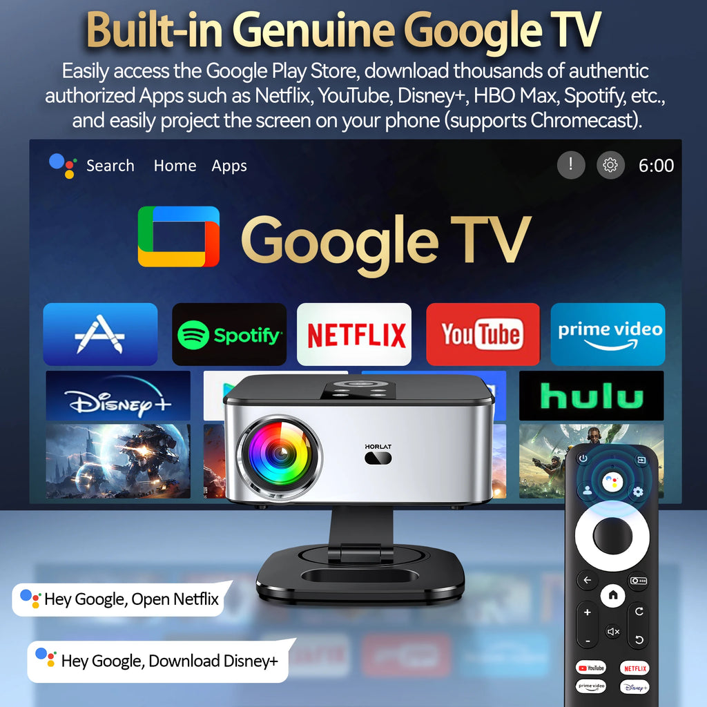 Horlat Google TV Projector 2000ANSI Voice Control Auto Focus Android WiFi 6 4K UHD Home Theater Movie Projector Netflix Licensed