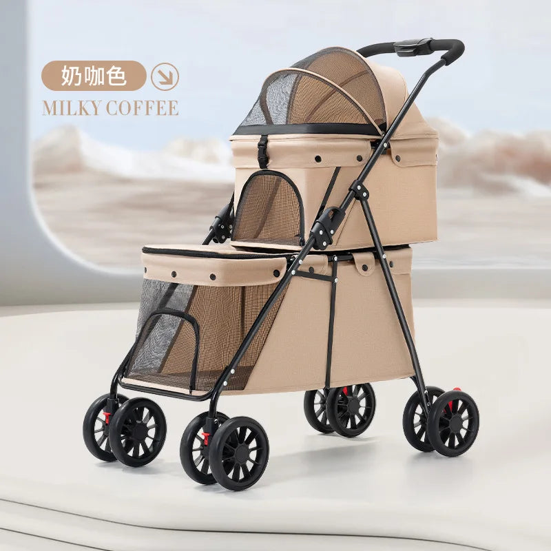 Double Layer Foldable Pet Stroller for Small Dogs Cats Lightweight Portable Outdoor Pushchair with Mesh Window Travel Carrier