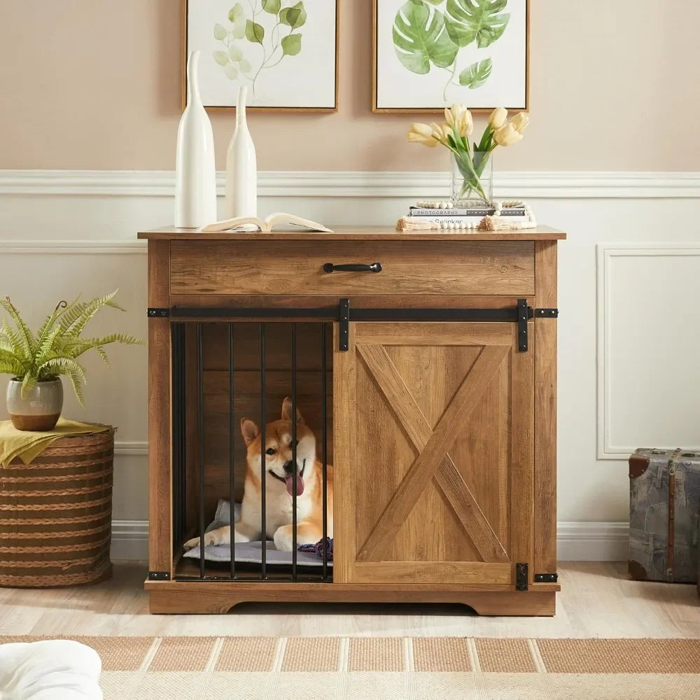 Furniture Style Dog Crates with Drawer, Farmhouse Wooden Dog Kennel Furniture with Sliding Barn Door & Water Resistant for