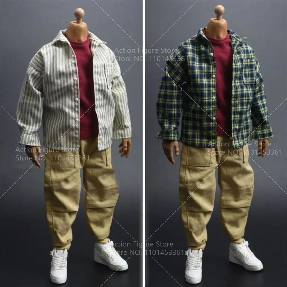 1/6 Scale Male Fashion Long Sleeves Plaid Shirt Jacket Sweatpants Streetwear Multi Pocket Harun Pants for 12" Action Figure Toys