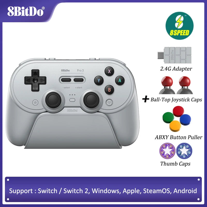 8BitDo - Pro 3 Bluetooth Controller for Switch 1/2 Windows, Apple, with TMR Joysticks, Switchable Triggers, Swappable Button