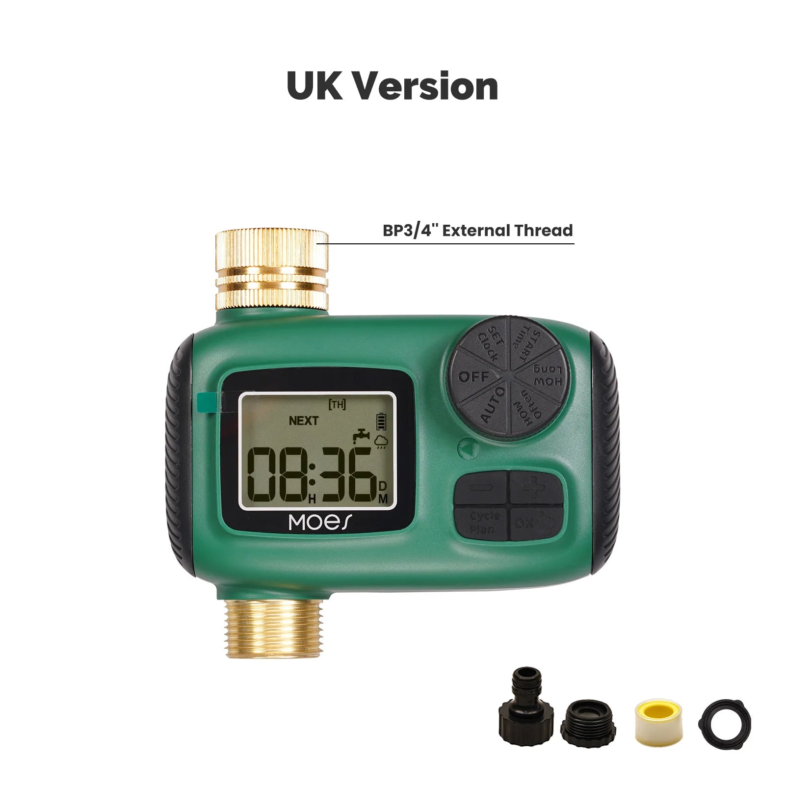 MOES Wassertimer 1-4Outlet Messingeinlass Drehknopf-Tastensteuerung mit LCD-Bildschirm Regenverzögerung Kindersicherung Gartensprinkler