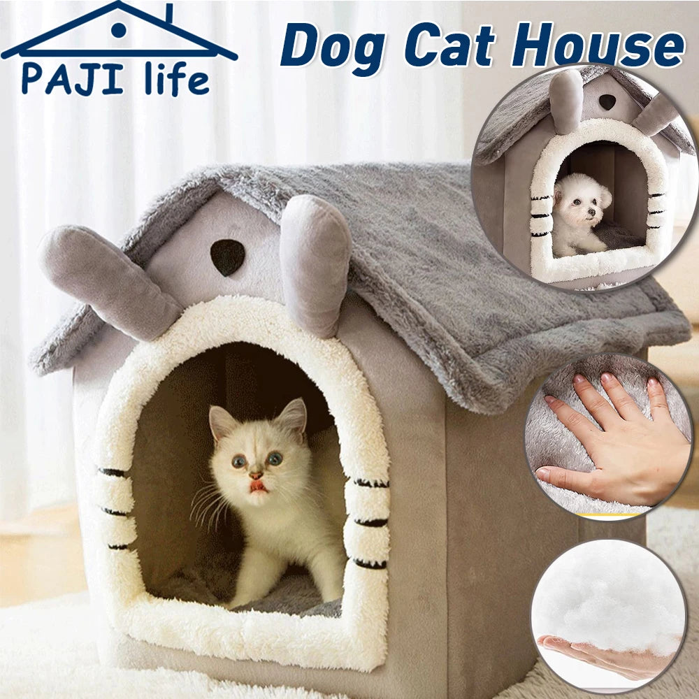 Cat Bed Dog House Gray Soft Plush Detachable Semi Enclosed Foldable Warm Cat Villa Pet Nest Four Season Universal Pet Supplies